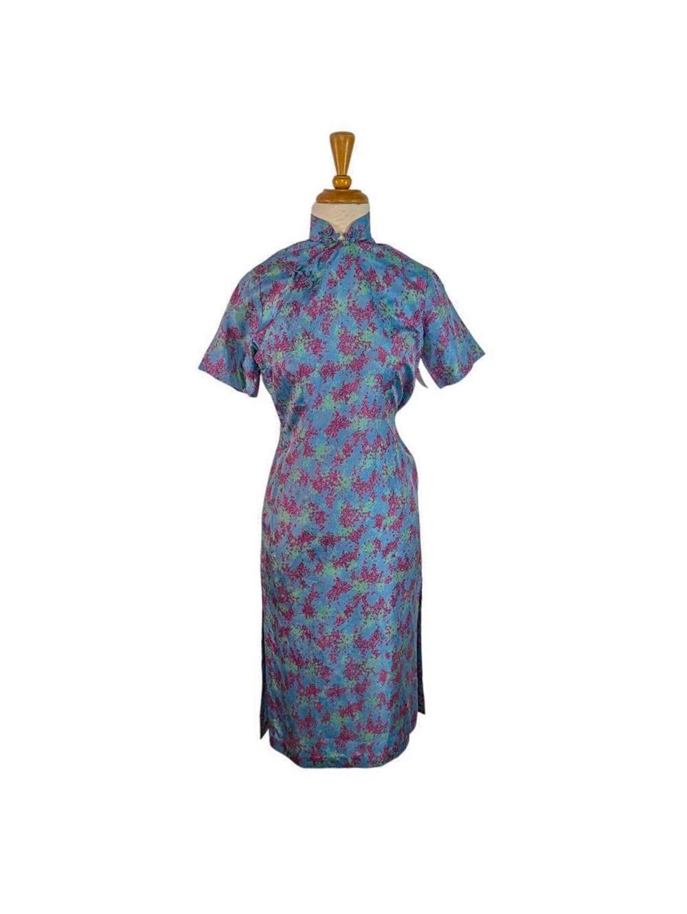 Beijing 60s 70s US S CN L Blue Silk Qipao Cheongsam Dress Vintage PinUp